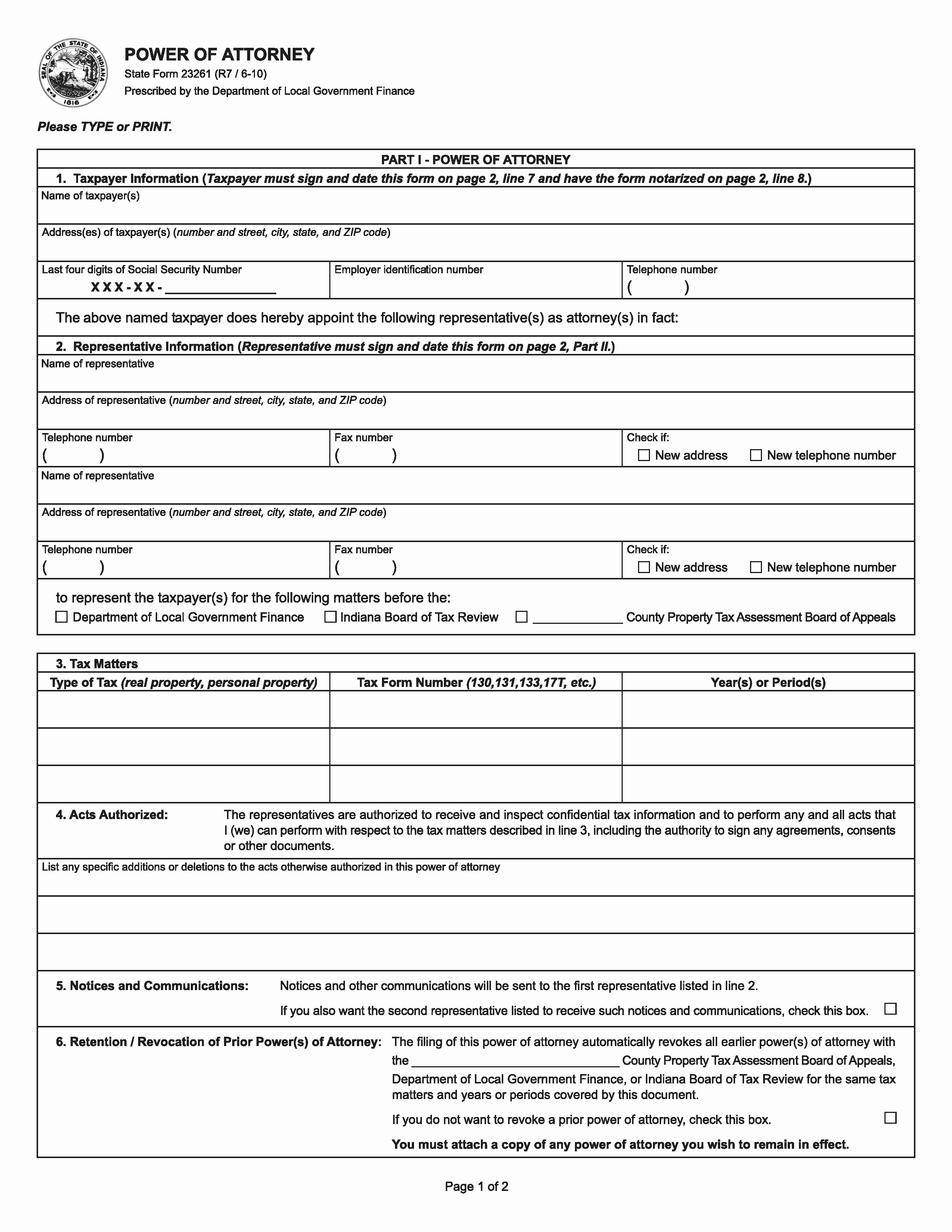 Free Indiana Tax Power Of Attorney Form 23261 R76 10 Adobe Pdf Word 2087