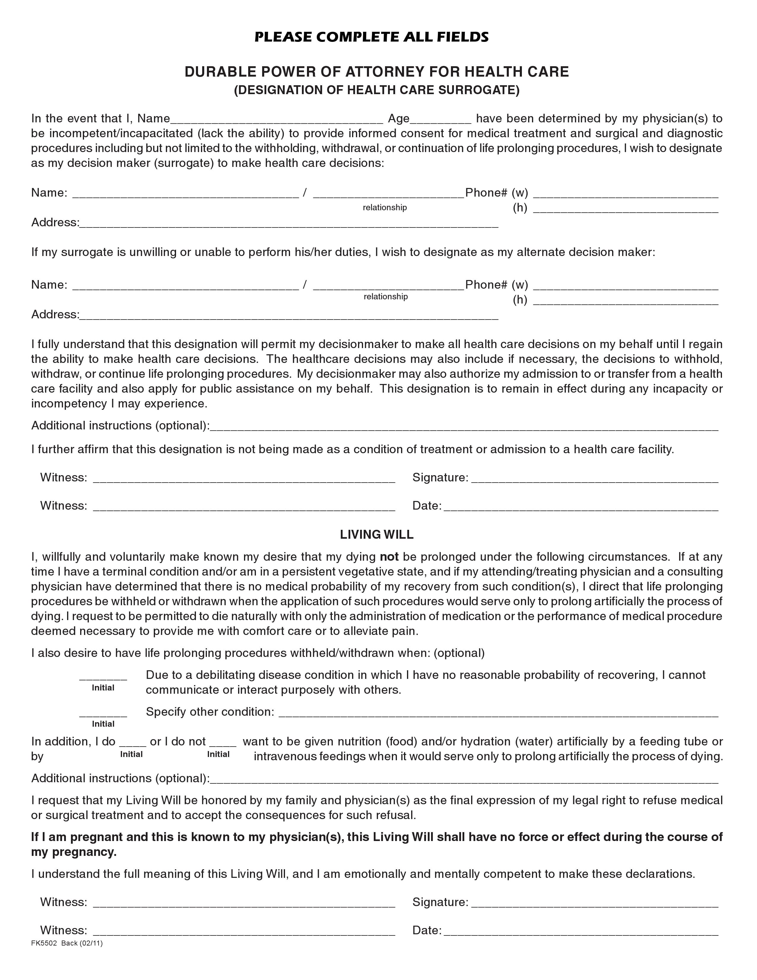 Free Florida Durable Power of Attorney for Health Care Form (Living