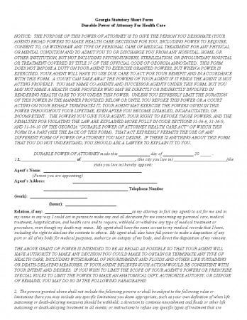 Georgia Statutory Durable Power of Attorney For Health Care