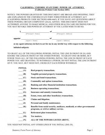 Statutory Power of Attorney California Form