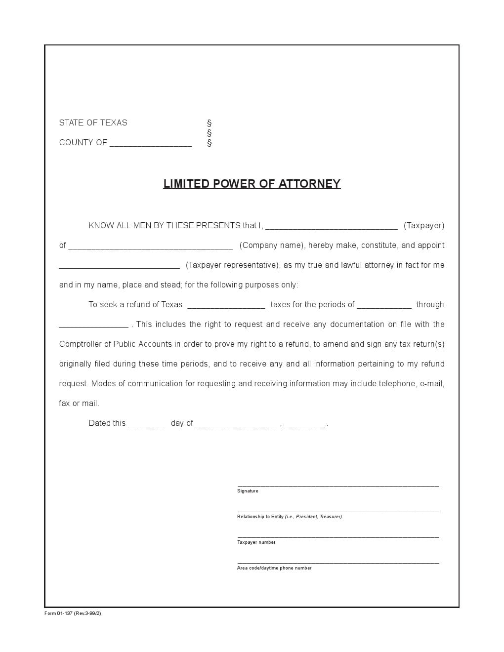 Free Texas Limited Power Of Attorney Form Adobe PDF Word