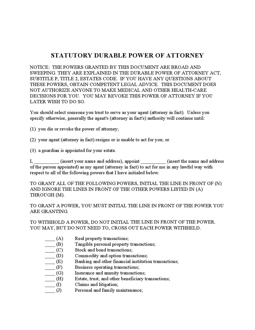 Free Durable Power Of Attorney Template Texas